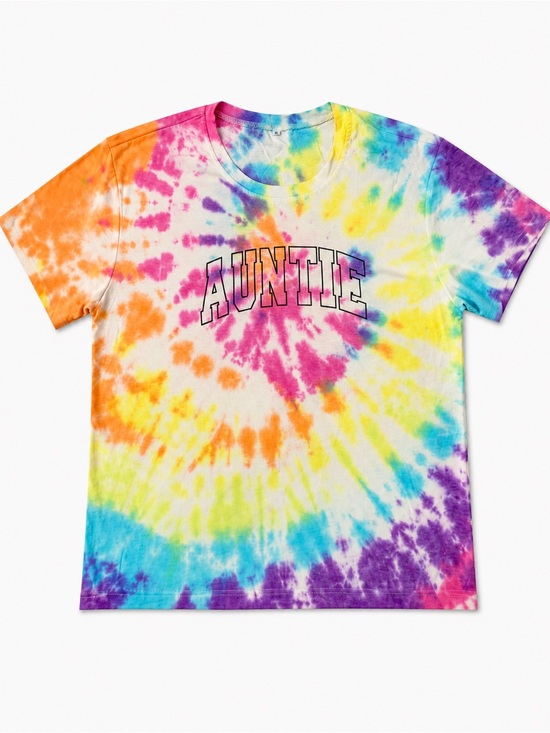 Hand Crafted Tops - Hand Tie-Dye “AUNTIE” Graphic T-Shirt with Rainbow Spiral Tie Dye Size XL